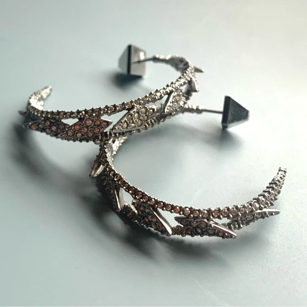 ALEXIS BITTAR • Edgy Crystal Encrusted Spiked Lattice Silver Hoop Earrings